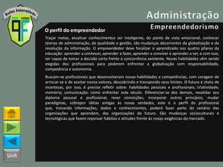 SAIR
O perfil do empreendedor
Traçar metas, atualizar conhecimentos ser inteligente, do ponto de vista emocional, conhecer
teorias de administração, de qualidade e gestão, são mudanças decorrentes da globalização e da
revolução da informação. O empreendedor deve focalizar o aprendizado nos quatro pilares da
educação: aprender a conhecer, aprender a fazer, aprender a conviver e aprender a ser, e com isso,
ser capaz de tomar a decisão certa frente à concorrência existente. Novas habilidades vêm sendo
exigidas dos profissionais para poderem enfrentar a globalização com responsabilidade,
competência e autonomia.
Buscam-se profissionais que desenvolveram novas habilidades e competências, com coragem de
arriscar-se e de aceitar novos valores, descobrindo e transpondo seus limites. O futuro é cheio de
incertezas, por isso, é preciso refletir sobre: habilidades pessoais e profissionais; criatividade;
memória; comunicação; como enfrentar este século. Diferenciar-se dos demais, revalidar seu
diploma pessoal e profissional, rever convicções, incorporar outros princípios, mudar
paradigmas, sobrepor idéias antigas às novas verdades, este é o perfil do profissional
que, trocando informações, dados e conhecimentos, poderá fazer parte do cenário das
organizações que aprendem, das organizações do futuro. São mudanças socioculturais e
tecnológicas que fazem repensar hábitos e atitudes frente às novas exigências do mercado.
 
