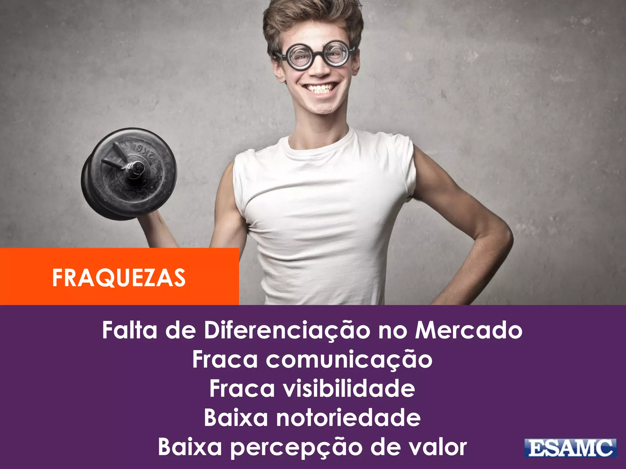 Falta de Diferenciação no Mercado
Fraca comunicação
Fraca visibilidade
Baixa notoriedade
Baixa percepção de valor
FRAQUEZAS
 