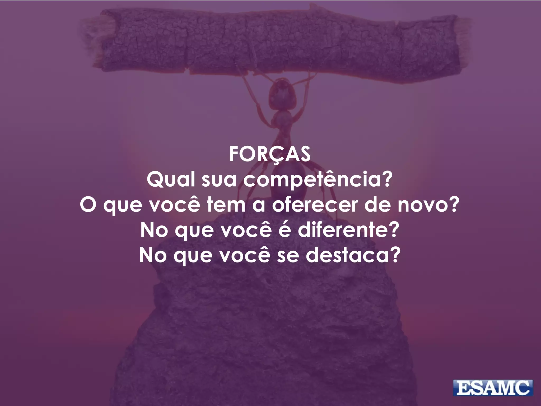 FORÇAS
Qual sua competência?
O que você tem a oferecer de novo?
No que você é diferente?
No que você se destaca?
 