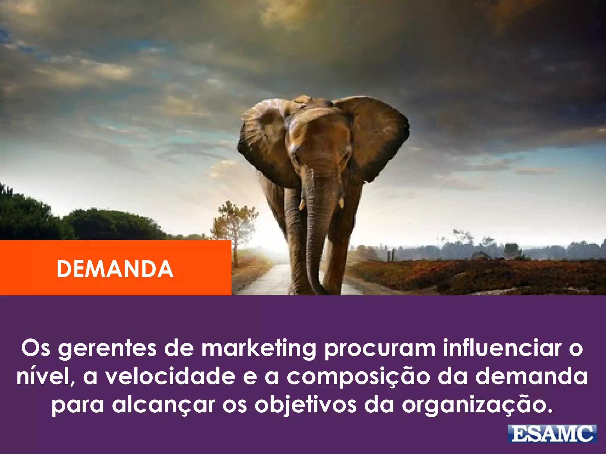 Os gerentes de marketing procuram influenciar o
nível, a velocidade e a composição da demanda
para alcançar os objetivos da organização.
DEMANDA
 