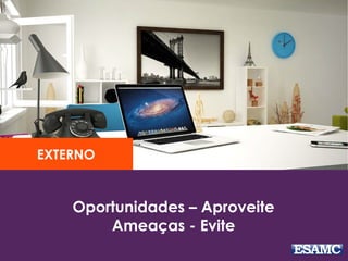 Oportunidades – Aproveite
Ameaças - Evite
EXTERNO
 