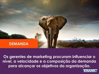 Os gerentes de marketing procuram influenciar o
nível, a velocidade e a composição da demanda
para alcançar os objetivos da organização.
DEMANDA
 