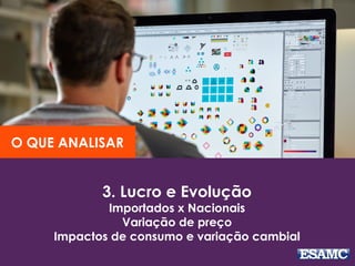 3. Lucro e Evolução
Importados x Nacionais
Variação de preço
Impactos de consumo e variação cambial
O QUE ANALISAR
 