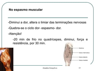 No espasmo muscular
No espasmo muscular

-Diminui a dor, altera o limiar das terminações nervosas

-Quebra-se o ciclo dor- espasmo- dor.
-Atenção!
-20 min de frio no quadrícepes, diminui, força e
resistência, por 30 min.

Amadeu Gonçalves

15

 
