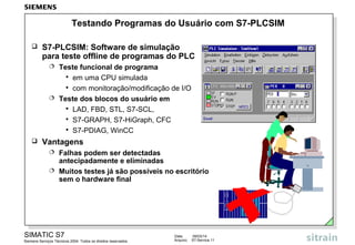 Testando Programas do Usuário com S7-PLCSIM


S7-PLCSIM: Software de simulação
para teste offline de programas do PLC
Teste funcional de programa
 em uma CPU simulada
 com monitoração/modificação de I/O
 Teste dos blocos do usuário em
 LAD, FBD, STL, S7-SCL,
 S7-GRAPH, S7-HiGraph, CFC
 S7-PDIAG, WinCC




Vantagens
Falhas podem ser detectadas
antecipadamente e eliminadas
 Muitos testes já são possíveis no escritório
sem o hardware final


SIMATIC S7
Siemens Serviços Técnicos 2004. Todos os direitos reservados.

Data:
Arquivo:

09/03/14
S7-Service.11

 