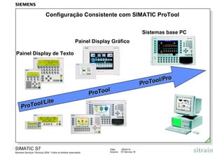 Configuração Consistente com SIMATIC ProTool
Sistemas base PC
Painel Display Gráfico
Painel Display de Texto

ro
Tool/P
Pro

l
roToo
P
te
ool/Li
ProT

SIMATIC S7
Siemens Serviços Técnicos 2004. Todos os direitos reservados.

Data:
Arquivo:

09/03/14
S7-Service.18

 