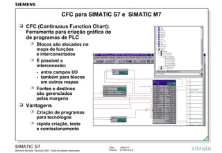 CFC para SIMATIC S7 e SIMATIC M7


CFC (Continuous Function Chart):
Ferramenta para criação gráfica de
de programas de PLC
Blocos são alocados no
mapa de funções
e interconectados
 É possível a
interconexão:
- entre campos I/O
- também para blocos
em outros mapas
 Fontes e destinos
são gerenciados
pelas margens




Vantagens
Criação de programas
para tecnólogos
 rápida criação, teste
e comissionamento


SIMATIC S7
Siemens Serviços Técnicos 2004. Todos os direitos reservados.

Data:
Arquivo:

09/03/14
S7-Service.8

 