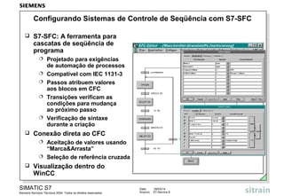 Configurando Sistemas de Controle de Seqüência com S7-SFC


S7-SFC: A ferramenta para
cascatas de seqüência de
programa









Projetado para exigências
de automação de processos
Compatível com IEC 1131-3
Passos atribuem valores
aos blocos em CFC
Transições verificam as
condições para mudança
ao próximo passo
Verificação de sintaxe
durante a criação

Conexão direta ao CFC
Aceitação de valores usando
“Marca&Arrasta”
 Seleção de referência cruzada




Visualização dentro do
WinCC

SIMATIC S7
Siemens Serviços Técnicos 2004. Todos os direitos reservados.

Data:
Arquivo:

09/03/14
S7-Service.9

 
