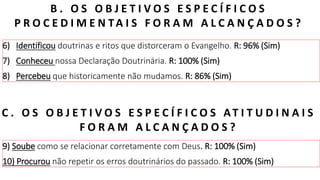 E B D / I G RE JA PRES BI T E RI AN A D O BAI RRO AMAMBAÍ
B . O S O B J E T I V O S E S P E C Í F I C O S
P R O C E D I M E N TA I S F O R A M A L C A N Ç A D O S ?
6) Identificou doutrinas e ritos que distorceram o Evangelho. R: 96% (Sim)
7) Conheceu nossa Declaração Doutrinária. R: 100% (Sim)
8) Percebeu que historicamente não mudamos. R: 86% (Sim)
C . O S O B J E T I V O S E S P E C Í F I C O S AT I T U D I N A I S
F O R A M A L C A N Ç A D O S ?
9) Soube como se relacionar corretamente com Deus. R: 100% (Sim)
10) Procurou não repetir os erros doutrinários do passado. R: 100% (Sim)
 