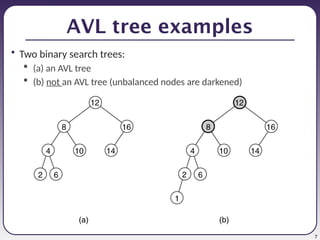 7
AVL tree examples
• Two binary search trees:
 (a) an AVL tree
 (b) not an AVL tree (unbalanced nodes are darkened)
 
