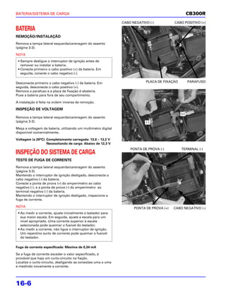 BATERIA/SISTEMA DE CARGA                                                                            CB300R
                                                               CABO NEGATIVO (-)          CABO POSITIVO (+)

BATERIA
REMOÇÃO/INSTALAÇÃO
Remova a tampa lateral esquerda/carenagem do assento
(página 3-3).

NOTA
 • Sempre desligue o interruptor de ignição antes de
   remover ou instalar a bateria.
 • Conecte primeiro o cabo positivo (+) da bateria. Em
   seguida, conecte o cabo negativo (-).

Desconecte primeiro o cabo negativo (-) da bateria. Em                     PLACA DE FIXAÇÃO         PARAFUSO
seguida, desconecte o cabo positivo (+).
Remova o parafuso e a placa de fixação d abateria.
Puxe a bateria para fora de seu compartimento.

A instalação é feita na ordem inversa da remoção.

INSPEÇÃO DE VOLTAGEM
                                                                                              (+)
Remova a tampa lateral esquerda/carenagem do assento
(página 3-3).                                                              (-)
Meça a voltagem da bateria, utilizando um multímetro digital
disponível comercialmente.

Voltagem (a 20°C): Completamente carregada: 13,0 – 13,2 V
                   Necessitando de carga: Abaixo de 12,3 V
                                                                   PONTA DE PROVA (-)         TERMINAL (-)
INSPEÇÃO DO SISTEMA DE CARGA
TESTE DE FUGA DE CORRENTE
Remova a tampa lateral esquerda/carenagem do assento
(página 3-3).
Mantendo o interruptor de ignição desligado, desconecte o
cabo negativo (-) da bateria.
Conecte a ponta de prova (+) do amperímetro ao cabo
negativo (-), e a ponta de prova (-) do amperímetro ao
terminal negativo (-) da bateria.
Mantendo o interruptor de ignição desligado, inspecione a
fuga de corrente.

NOTA                                                                 PONTA DE PROVA (+)   CABO NEGATIVO (-)
 • Ao medir a corrente, ajuste inicialmente o testador para
   sua maior escala. Em seguida, ajuste a escala para um
   nível apropriado. Uma corrente superior à escala
   selecionada pode queimar o fusível do testador.
 • Ao medir a corrente, não ligue o interruptor de ignição.
   Um repentino surto de corrente pode queimar o fusível
   do testador.

Fuga de corrente especificada: Máxima de 0,34 mA

Se a fuga de corrente exceder o valor especificado, é
provável que haja um curto-circuito na fiação.
Localize o curto-circuito, desligando as conexões uma a uma
e medindo novamente a corrente.




16-6
 
