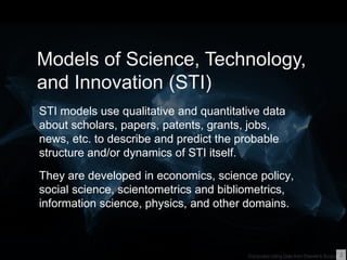 Models of Science, Technology,
and Innovation (STI)
STI models use qualitative and quantitative data
about scholars, papers, patents, grants, jobs,
news, etc. to describe and predict the probable
structure and/or dynamics of STI itself.
They are developed in economics, science policy,
social science, scientometrics and bibliometrics,
information science, physics, and other domains.
2
 