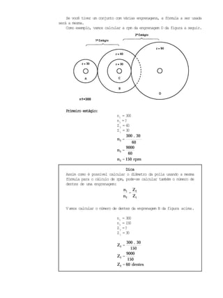 .
Se você tiver um conjunto com várias engrenagens, a fórmula a ser usada
será a mesma.
Como exemplo, vamos calcular a rpm da engrenagem D da figura a seguir.
Primeiro estágio:Primeiro estágio:Primeiro estágio:Primeiro estágio:Primeiro estágio:
n1
= 300
n2
=?
Z2
= 60
Z1
= 30
n2 =
300 . 30
60
n2 =
9000
60
n2 = 150 rpm
DicaDicaDicaDicaDica
Assim como é possível calcular o diâmetro da polia usando a mesma
fórmula para o cálculo de rpm, pode-se calcular também o número de
dentes de uma engrenagem:
n1
n2
=
Z2
Z1
Vamos calcular o número de dentes da engrenagem B da figura acima.
n1
= 300
n2
= 150
Z2
=?
Z1
= 30
Z2 =
300 30
150
Z2 =
9000
150
Z2 = 60 dentes
n1=300
 