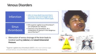 o Obstruction of venous drainage of the brain leads to
Cerebral swelling (edema) and raised Intracranial
Pressure.
• refers to tissue death (necrosis) that is
caused by a local lack of oxygen due to
obstruction of the tissue's blood supply
Infarction
• SSS (superior sagittal sinus) thrombosis*:
can complicate ear infection
• Cavernous sinus thrombosis: As a
complication of infection in the dangerous
area of the face**
Sinus
thrombosis
*Superior sagittal sinus thrombosis (SSST) is the most common type
of dural venous sinus thrombosis and is potentially devastating
**
Extra
Venous Disorders
 