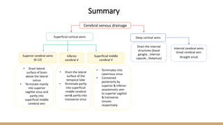 Cerebral venous drainage
Superficial cortical veins Deep cortical veins
Superior cerebral veins
(6-12)
• Drain lateral
surface of brain
above the lateral
sulcus
• Terminate mainly
into superior
sagittal sinus and
partly into
superficial middle
cerebral vein
Inferior
cerebral V
• Drain the lateral
surface of the
temporal lobe
• Terminate partly
into superficial
middle cerebral
vein& partly into
transverse sinus
Superficial middle
cerebral V
• Terminates into
cavernous sinus
• Connected
posteriorly by
superior & inferior
anastomotic vein
to superior sagittal
& transverse
sinuses
respectively
Drain the internal
structures (basal
ganglia , internal
capsule , thalamus)
Internal cerebral veins
Great cerebral vein
Straight sinus
Summary
 