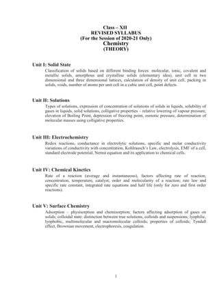 1
Class – XII
REVISED SYLLABUS
(For the Session of 2020-21 Only)
Chemistry
(THEORY)
Unit I: Solid State
Classification of solids based on different binding forces: molecular, ionic, covalent and
metallic solids, amorphous and crystalline solids (elementary idea), unit cell in two
dimensional and three dimensional lattices, calculation of density of unit cell, packing in
solids, voids, number of atoms per unit cell in a cubic unit cell, point defects.
Unit II: Solutions
Types of solutions, expression of concentration of solutions of solids in liquids, solubility of
gases in liquids, solid solutions, colligative properties – relative lowering of vapour pressure,
elevation of Boiling Point, depression of freezing point, osmotic pressure, determination of
molecular masses using colligative properties.
Unit III: Electrochemistry
Redox reactions, conductance in electrolytic solutions, specific and molar conductivity
variations of conductivity with concentration, Kohlrausch’s Law, electrolysis, EMF of a cell,
standard electrode potential, Nernst equation and its application to chemical cells.
Unit IV: Chemical Kinetics
Rate of a reaction (average and instantaneous), factors affecting rate of reaction;
concentration, temperature, catalyst; order and molecularity of a reaction; rate law and
specific rate constant, integrated rate equations and half life (only for zero and first order
reactions).
Unit V: Surface Chemistry
Adsorption – physisorption and chemisorption; factors affecting adsorption of gases on
solids; colloidal state: distinction between true solutions, colloids and suspensions; lyophilic,
lyophobic, multimolecular and macromolecular colloids; properties of colloids; Tyndall
effect, Brownian movement, electrophoresis, coagulation.
 