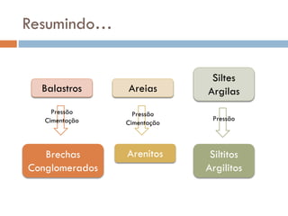 Resumindo…

Balastros

Areias

Pressão
Cimentação

Pressão
Cimentação

Brechas
Conglomerados

Arenitos

Siltes
Argilas
Pressão

Siltitos
Argilitos

 