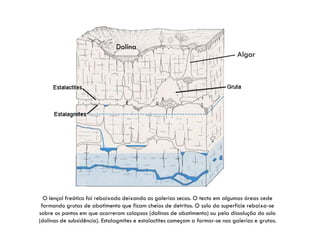 Dolina

Algar

O lençol freático foi rebaixado deixando as galerias secas. O tecto em algumas áreas cede
formando grutas de abatimento que ficam cheios de detritos. O solo da superfície rebaixa-se
sobre os pontos em que ocorreram colapsos (dolinas de abatimento) ou pela dissolução do solo
(dolinas de subsidência). Estalagmites e estalactites começam a formar-se nas galerias e grutas.

 