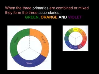 When the three primaries are combined or mixed
they form the three secondaries:
GREEN, ORANGE AND VIOLET

 