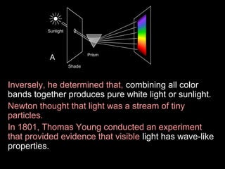 Sunlight

Prism

A
Shade

Inversely, he determined that, combining all color
bands together produces pure white light or sunlight.
Newton thought that light was a stream of tiny
particles.
In 1801, Thomas Young conducted an experiment
that provided evidence that visible light has wave-like
properties.

 