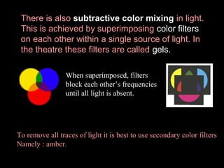 There is also subtractive color mixing in light.
This is achieved by superimposing color filters
on each other within a single source of light. In
the theatre these filters are called gels.
When superimposed, filters
block each other’s frequencies
until all light is absent.

To remove all traces of light it is best to use secondary color filters
Namely : amber.

 
