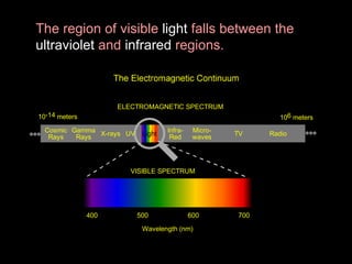 The region of visible light falls between the
ultraviolet and infrared regions.

ELECTROMAGNETIC SPECTRUM
10-14 meters

106 meters

Cosmic Gamma X-rays UV
Rays
Rays

Light

InfraRed

Microwaves

TV

VISIBLE SPECTRUM

400

500

600

Wavelength (nm)

700

Radio

 