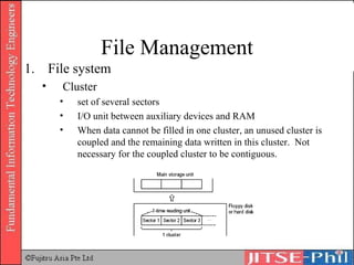 File Management File system Cluster  set of several sectors I/O unit between auxiliary devices and RAM When data cannot be filled in one cluster, an unused cluster is coupled and the remaining data written in this cluster.  Not necessary for the coupled cluster to be contiguous. 