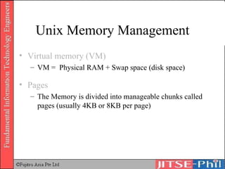Unix Memory Management Virtual memory (VM) VM =  Physical RAM + Swap space (disk space) Pages The Memory is divided into manageable chunks called pages (usually 4KB or 8KB per page) 