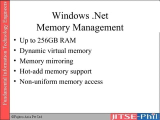Windows .Net Memory Management Up to 256GB RAM Dynamic virtual memory Memory mirroring Hot-add memory support Non-uniform memory access 