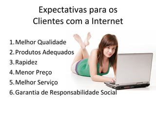 Expectativas para os
        Clientes com a Internet

1.Melhor Qualidade
2.Produtos Adequados
3.Rapidez
4.Menor Preço
5.Melhor Serviço
6.Garantia de Responsabilidade Social
 