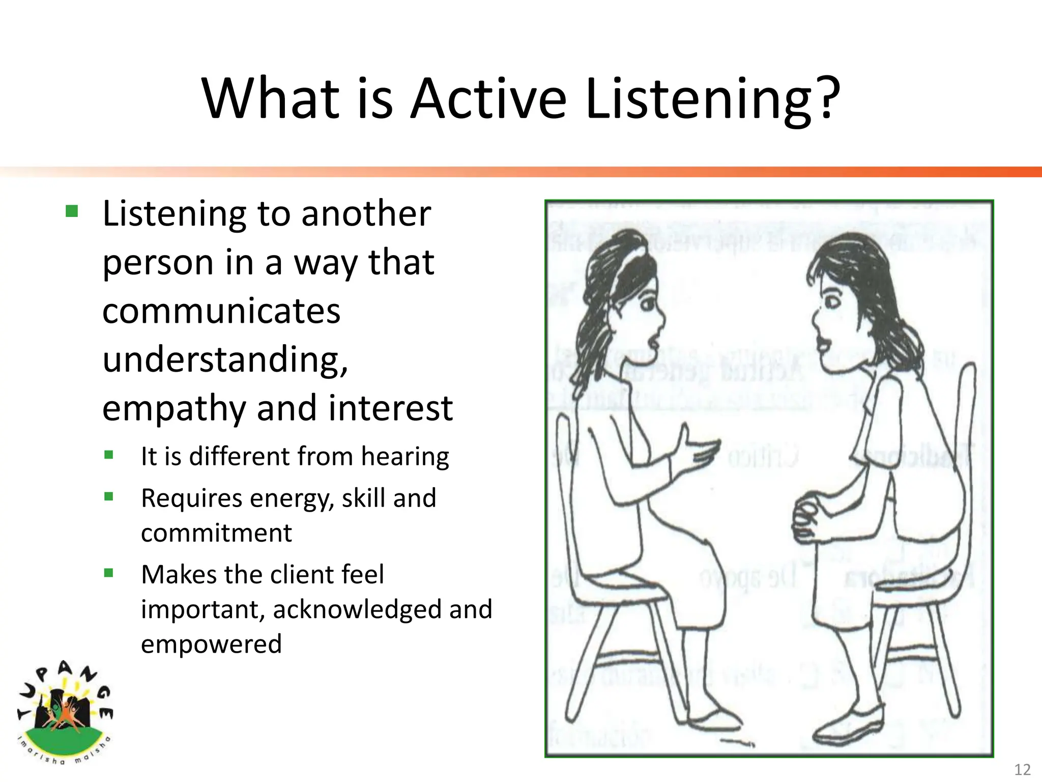 What is Active Listening?
 Listening to another
person in a way that
communicates
understanding,
empathy and interest
 It is different from hearing
 Requires energy, skill and
commitment
 Makes the client feel
important, acknowledged and
empowered
12
 
