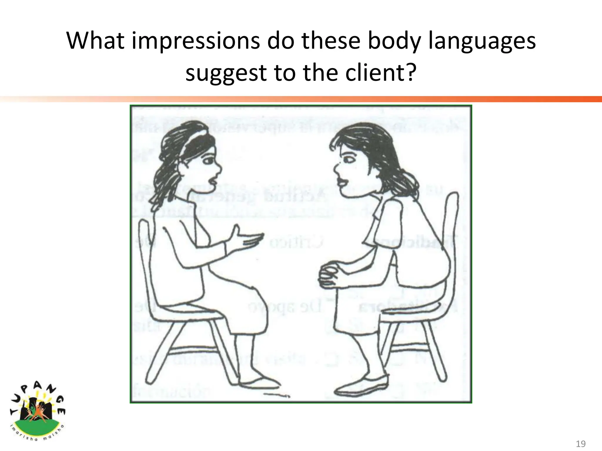 What impressions do these body languages
suggest to the client?
19
 
