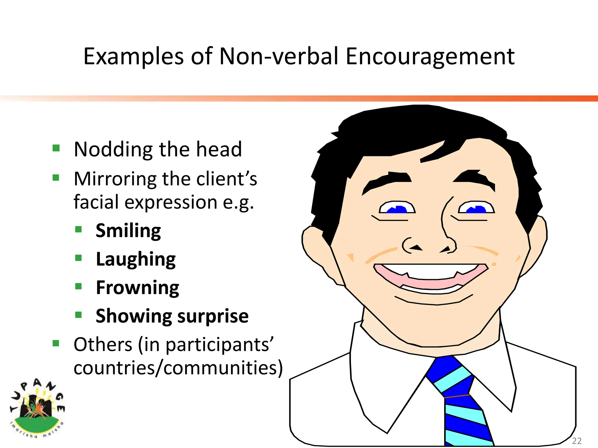 Examples of Non-verbal Encouragement
 Nodding the head
 Mirroring the client’s
facial expression e.g.
 Smiling
 Laughing
 Frowning
 Showing surprise
 Others (in participants’
countries/communities)
22
 