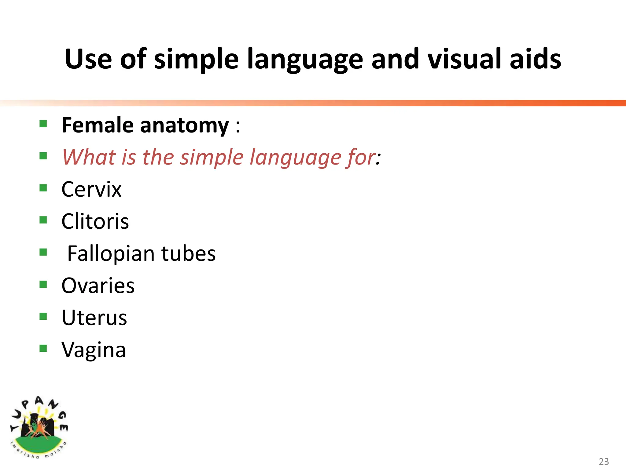 Use of simple language and visual aids
 Female anatomy :
 What is the simple language for:
 Cervix
 Clitoris
 Fallopian tubes
 Ovaries
 Uterus
 Vagina
23
 