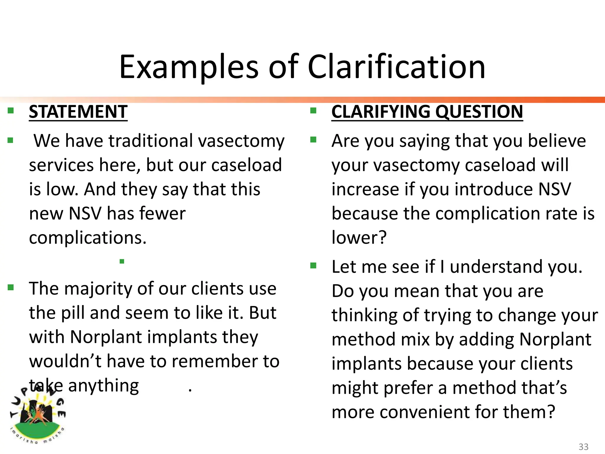 Examples of Clarification
 STATEMENT
 We have traditional vasectomy
services here, but our caseload
is low. And they say that this
new NSV has fewer
complications.

 The majority of our clients use
the pill and seem to like it. But
with Norplant implants they
wouldn’t have to remember to
take anything .
 CLARIFYING QUESTION
 Are you saying that you believe
your vasectomy caseload will
increase if you introduce NSV
because the complication rate is
lower?
 Let me see if I understand you.
Do you mean that you are
thinking of trying to change your
method mix by adding Norplant
implants because your clients
might prefer a method that’s
more convenient for them?
33
 
