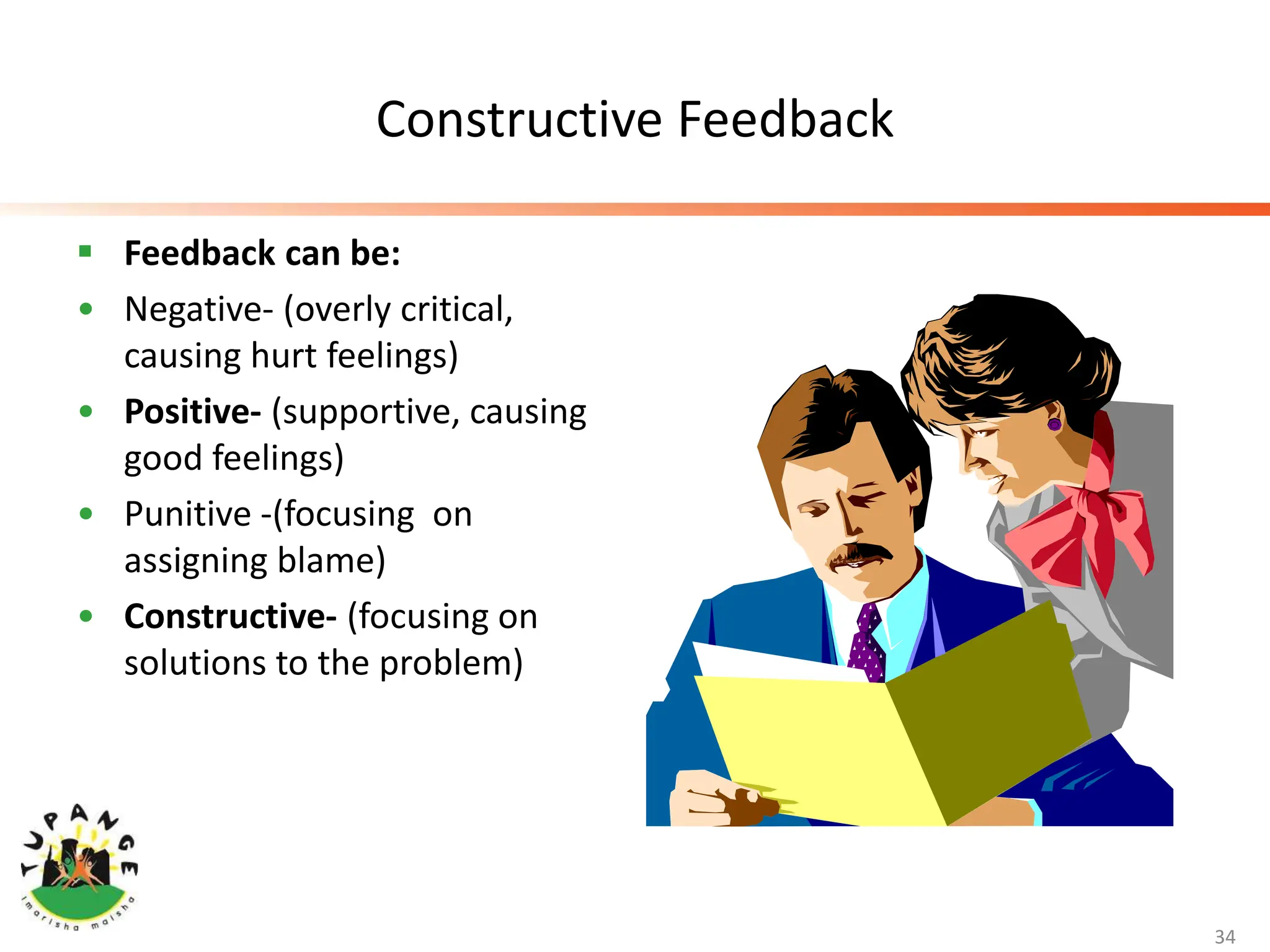 Constructive Feedback
 Feedback can be:
• Negative- (overly critical,
causing hurt feelings)
• Positive- (supportive, causing
good feelings)
• Punitive -(focusing on
assigning blame)
• Constructive- (focusing on
solutions to the problem)
34
 