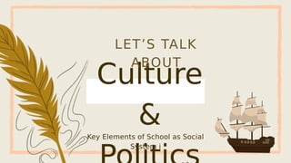 Culture
&
LET’S TALK
ABOUT
Key Elements of School as Social
System i
 