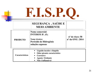 21
F.I.S.P.Q.
SEGURANÇA , SAÚDE E
MEIO AMBIENTE
Características
 Líquido incolor e límpido
 Odor picante característico
 Corrosivo
 Agente Oxidante
 Não é inflamável
PRODUTO
Nome comercial:
INTEROX H 2O2
Nome técnico:
Peróxido de Hidrogênio
soluções aquosas
nº de risco: 58
nº da ONU: 2014
 