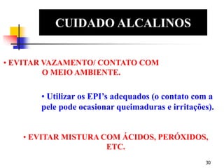 30
CUIDADO ALCALINOS
EDS
• EVITAR VAZAMENTO/ CONTATO COM
O MEIO AMBIENTE.
• Utilizar os EPI’s adequados (o contato com a
pele pode ocasionar queimaduras e irritações).
• EVITAR MISTURA COM ÁCIDOS, PERÓXIDOS,
ETC.
 