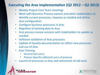Executing the Aras Implementation (Q2 2012 – Q2 2013)
• Weekly Project Core Team meetings
• Work with Business Process owners and other stakeholders to
identify current processes, improve as needed and define
Aras configuration
• Configure business processes in Aras
• Migration of existing data to Aras
• Aras process review sessions with stakeholders to update as
needed
• Software validation of Aras processes
• Update of Quality documentation to reflect new processes
and use of Aras
• Aras Training
• General (all users)
• Process Specific (affected users of process)
• Launch of processes in Aras and retirement of old tools
12
 