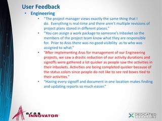 User Feedback
• Engineering
• “The project manager views exactly the same thing that I
do. Everything is real-time and there aren’t multiple revisions of
project plans stored in different places.”
• “You can assign a work package to someone’s Inbasket so the
members of the project team know what they are responsible
for. Prior to Aras there was no good visibility as to who was
assigned to what.”
• “After implementing Aras for management of our Engineering
projects, we saw a drastic reduction of our activity durations and
signoffs were gathered a lot quicker as people saw the activities in
their inbaskets. Activities are being completed quicker because of
the status colors since people do not like to see red boxes tied to
their activities.”
• “Having every signoff and document in one location makes finding
and updating reports so much easier.”
24
 