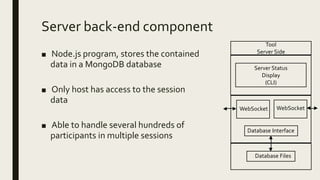 Server back-end component
■ Node.js program, stores the contained
data in a MongoDB database
■ Only host has access to the session
data
■ Able to handle several hundreds of
participants in multiple sessions
Tool
Server Side
Server Status
Display
(CLI)
Database Interface
WebSocket WebSocket
Database Files
 