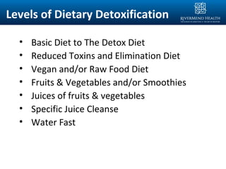 Levels of Dietary Detoxification
• Basic Diet to The Detox Diet
• Reduced Toxins and Elimination Diet
• Vegan and/or Raw Food Diet
• Fruits & Vegetables and/or Smoothies
• Juices of fruits & vegetables
• Specific Juice Cleanse
• Water Fast
 