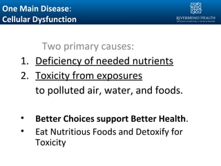 One Main Disease:
Cellular Dysfunction
Two primary causes:
1. Deficiency of needed nutrients
2. Toxicity from exposures
to polluted air, water, and foods.
• Better Choices support Better Health.
• Eat Nutritious Foods and Detoxify for
Toxicity
 