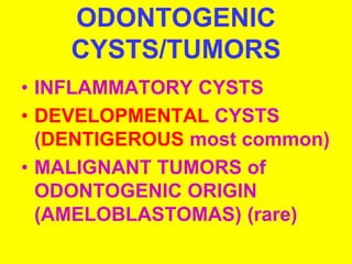ODONTOGENIC 
CYSTS/TUMORS 
• INFLAMMATORY CYSTS 
• DEVELOPMENTAL CYSTS 
(DENTIGEROUS most common) 
• MALIGNANT TUMORS of 
ODONTOGENIC ORIGIN 
(AMELOBLASTOMAS) (rare) 
 