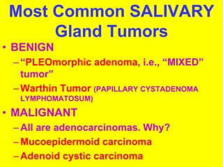Most Common SALIVARY 
Gland Tumors 
• BENIGN 
– “PLEOmorphic adenoma, i.e., “MIXED” 
tumor” 
– Warthin Tumor (PAPILLARY CYSTADENOMA 
LYMPHOMATOSUM) 
• MALIGNANT 
– All are adenocarcinomas. Why? 
– Mucoepidermoid carcinoma 
– Adenoid cystic carcinoma 
 