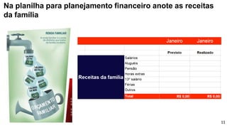 Na planilha para planejamento financeiro anote as receitas
da família
11
 