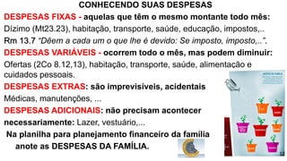 CONHECENDO SUAS DESPESAS
DESPESAS FIXAS - aquelas que têm o mesmo montante todo mês:
Dízimo (Mt23.23), habitação, transporte, saúde, educação, impostos,..
Rm 13.7 “Dêem a cada um o que lhe é devido: Se imposto, imposto,..”.
DESPESAS VARIÁVEIS - ocorrem todo o mês, mas podem diminuir:
Ofertas (2Co 8.12,13), habitação, transporte, saúde, alimentação e
cuidados pessoais.
DESPESAS EXTRAS: são imprevisíveis, acidentais
Médicas, manutenções, ...
DESPESAS ADICIONAIS: não precisam acontecer
necessariamente: Lazer, vestuário,...
Na planilha para planejamento financeiro da família
anote as DESPESAS DA FAMÍLIA.
12
 