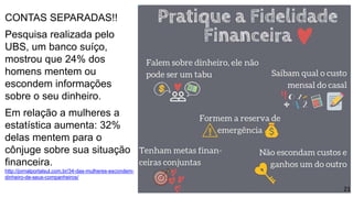 CONTAS SEPARADAS!!
Pesquisa realizada pelo
UBS, um banco suíço,
mostrou que 24% dos
homens mentem ou
escondem informações
sobre o seu dinheiro.
Em relação a mulheres a
estatística aumenta: 32%
delas mentem para o
cônjuge sobre sua situação
financeira.
http://jornalportalsul.com.br/34-das-mulheres-escondem-
dinheiro-de-seus-companheiros/
21
 