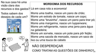 24
Na sua casa há uma
visão clara dos
recursos e dos gastos?
Todos sabem dos
desejos de cada um?
MORDOMIA DOS RECURSOS
Lá em casa rola a economia!
Morre uma toalha, nasce um pano de chão;
Morre um extrato de tomate, nasce um copo;
Morre uma “brusinha”, nasce um pano para tirar pó;
Morre uma margarina, nasce um tupperware;
Morre um refrigerante, nasce uma jarra para água
na geladeira;
Morre um sorvete, nasce um pote para pôr feijão;
Morre uma sacola de mercado, nasce um saco de
lixo ou uma touca de cabelo
NÃO DESPERDIÇAR
COMO TRATAM AS QUESTÕES DE DINHEIRO?
 